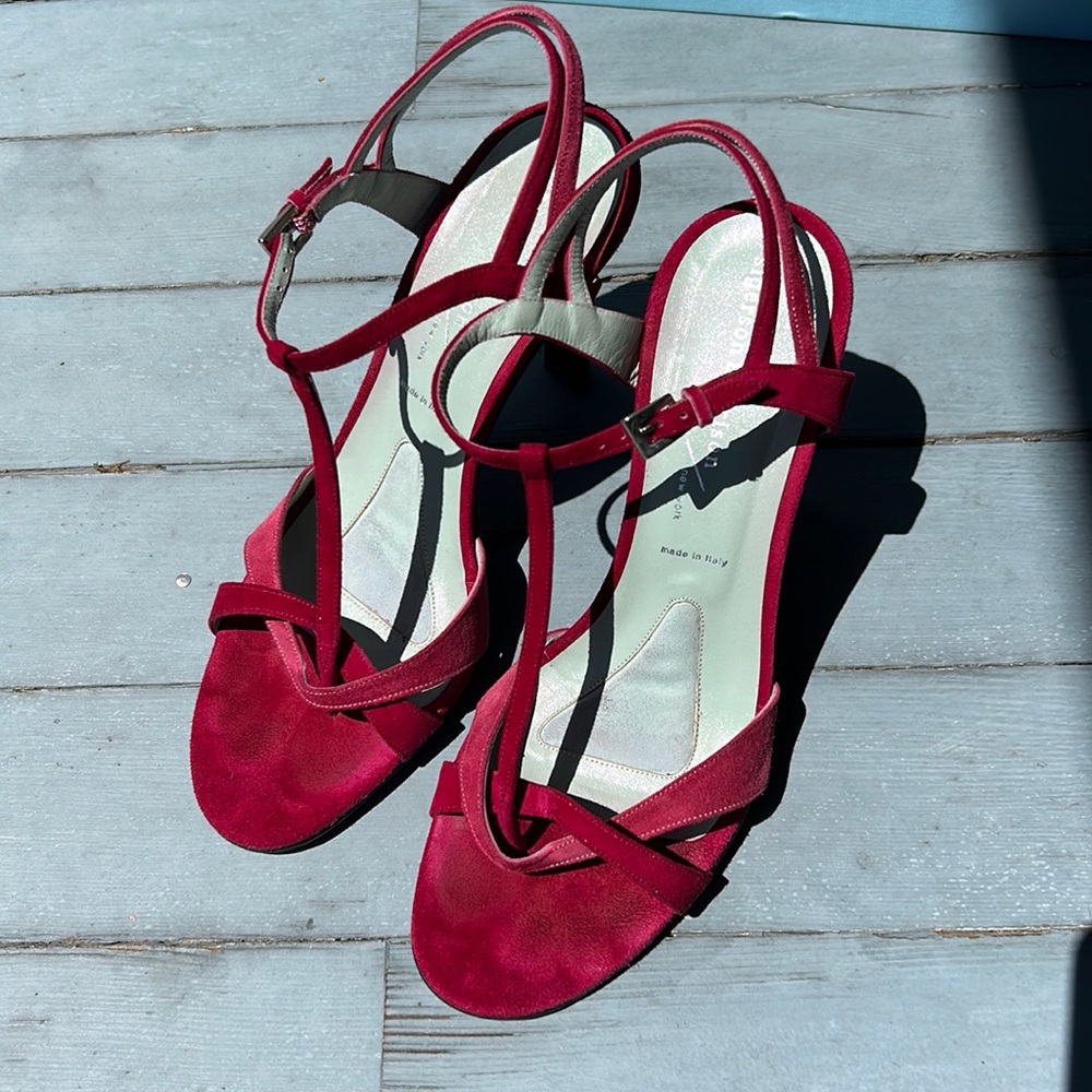 SRP $400 Suede T-Strap Sandals in Berry